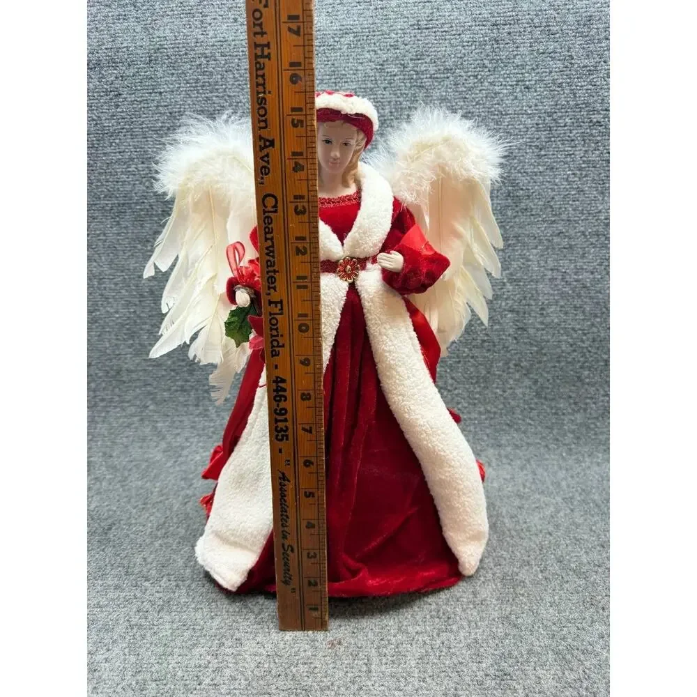 Christmas Angel Figurine Red Dress Feather Wings Holiday Decor